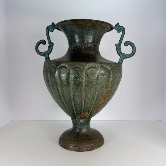 Bronze Tone Metal Urn Jardiniere Vase Handles Pedestal VTG Neoclassical Style - Picture 7 of 12